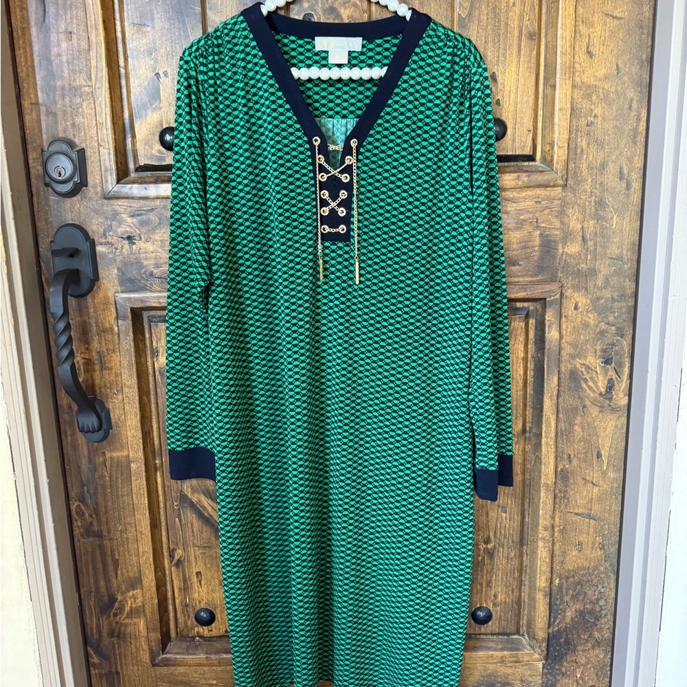 MICHAEL KORS Green Blue Long Sleeve Gold Logo Chain Detail Stretch Dress Plus 2X